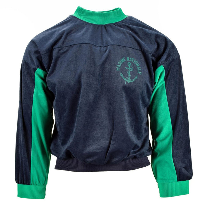 Maglione sportivo a collo alto verde scuro dell'esercito francese autentico con stemma della Marine Nationale, tessuto misto cotone, maglione in stile vintage.
