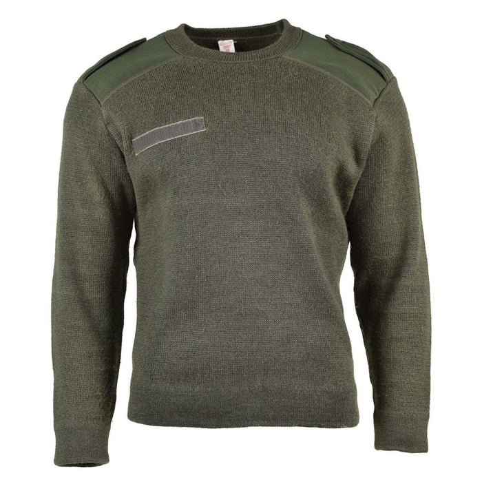 Maglione militare francese autentico verde oliva con spalle e gomiti rinforzati, girocollo, maglione militare resistente.