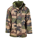 Genuine French army waterproof trilaminate camo parka with hood, storm flap, adjustable cuffs, and reinforced elbows.