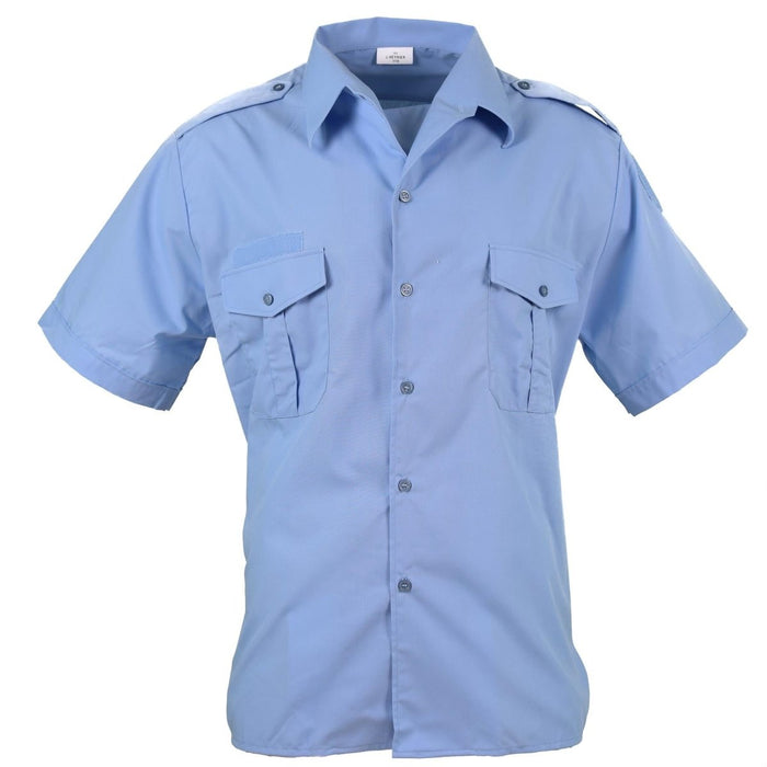 Camicia in cotone blu a maniche corte autentica della polizia militare francese con tasche sul petto e spalline, nuova