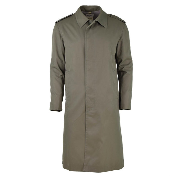 Trench impermeabile militare francese vintage verde oliva con chiusura frontale a tutta lunghezza e patta antivento