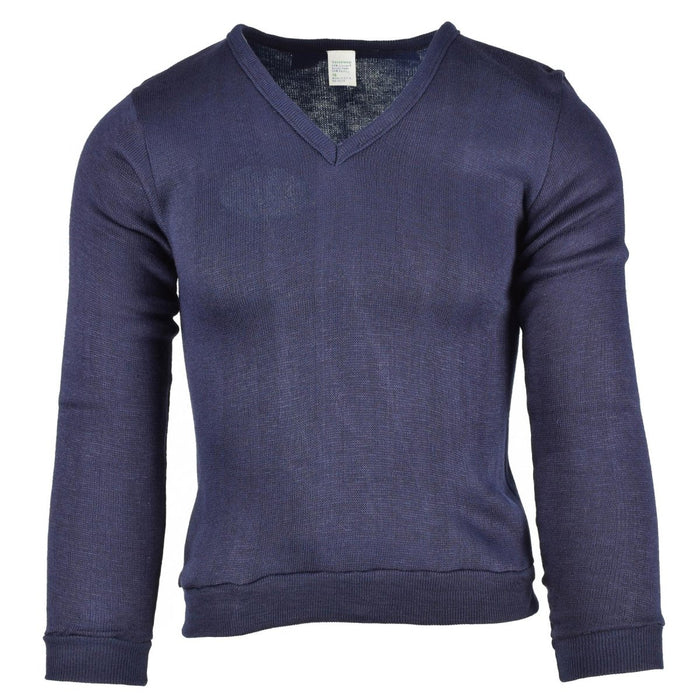 Felpa blu scollo a V in jersey blu della vera scuola militare francese, realizzata in tessuto di cotone leggero e traspirante.