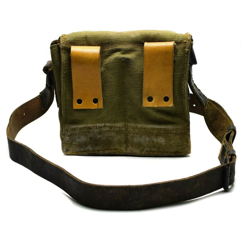 Vintage genuine French army canvas shoulder bag in olive drab with leather straps and magazine ammo pouch