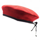 Genuine German army coral red wool beret with black adjustable leather head strap, vintage military style hat.