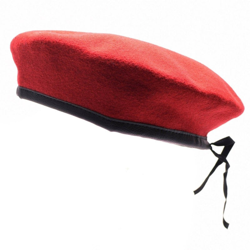 Genuine German army coral red wool beret with black adjustable leather head strap, vintage military style hat.