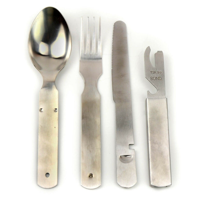 Set di posate in acciaio inossidabile dell'esercito tedesco con cucchiaio, forchetta, coltello e apriscatole multiutensile per uso esterno