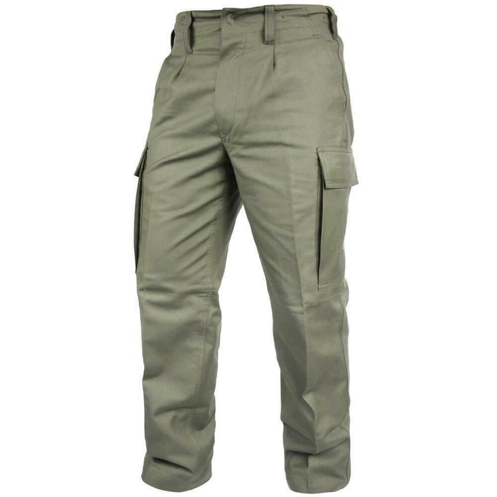 Pantaloni cargo in fustagno verde oliva dell'esercito tedesco con chiusura a bottoni e tasche multiple per uso esterno