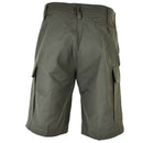 Back view of genuine German army moleskin cargo shorts in durable olive cotton with multiple pockets and belt loops.