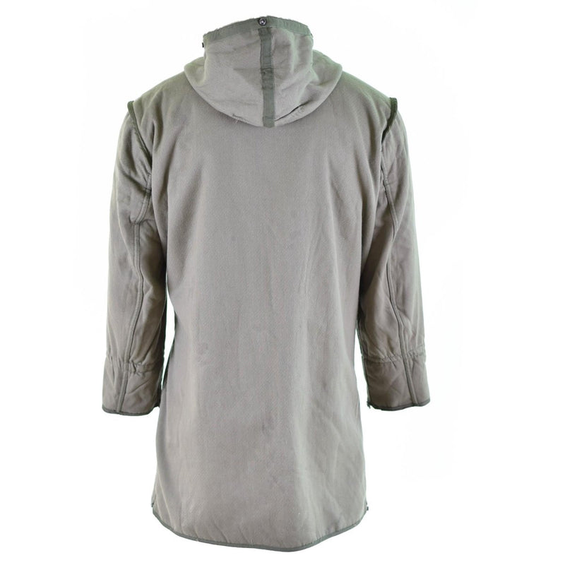 Back view of a genuine German army parka military surplus long coat with a hood and winter lining.