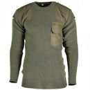 German army pullover commando jumper in olive green wool with shoulder patches, chest pocket, and German flag insignia on sleeves