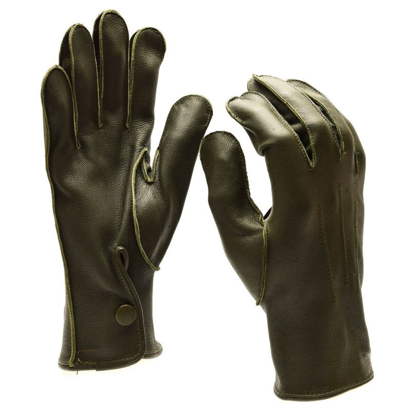 Pair of genuine German police issue olive drab leather patrol gloves with snap-button wrist closures.