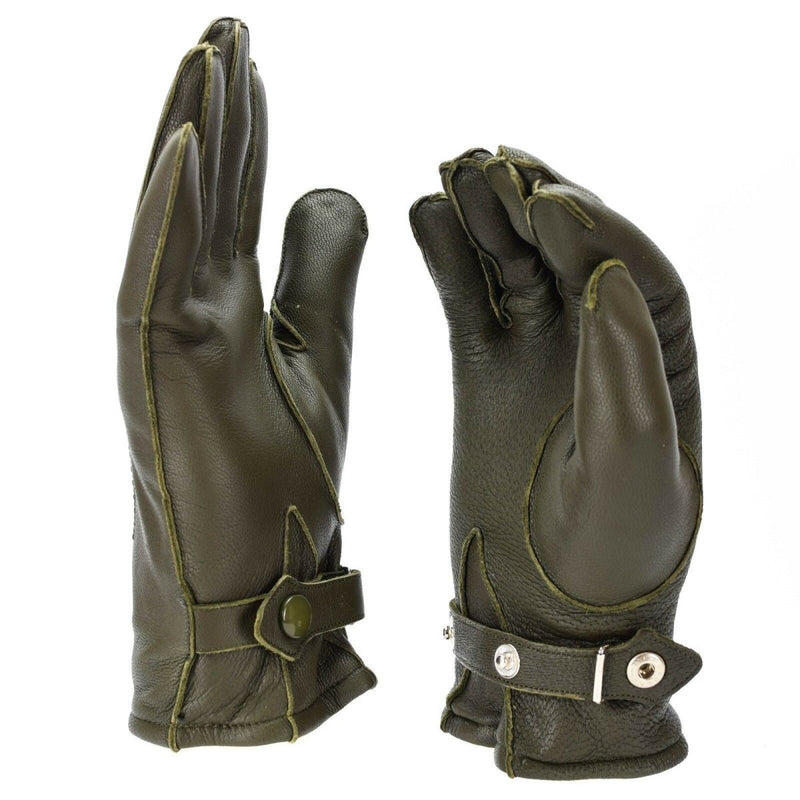 Genuine German police leather gloves in olive with wool lining and adjustable wrist straps for winter warmth and durability