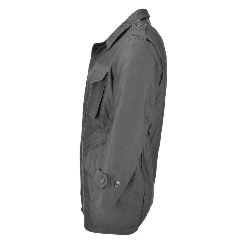 Side view of genuine Greek Army M65 unlined grey military surplus jacket with buttoned cuffs and epaulets