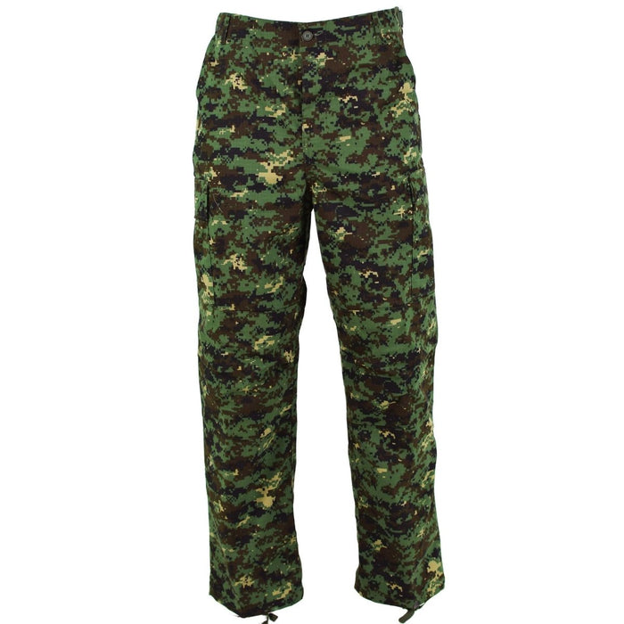 Pantaloni mimetici giungla ripstop militare in autentico Guinea Bissau con vita regolabile, ginocchia rinforzate e resistente misto policotone.