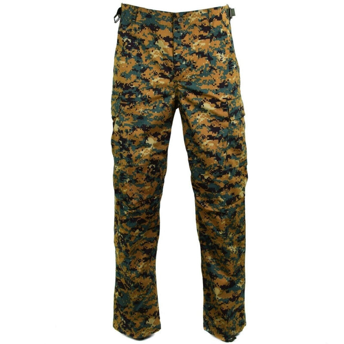 Pantaloni RipStop originali dell'esercito Guinee Bissau in mimetica savana digitale con ginocchia rinforzate e vita regolabile.