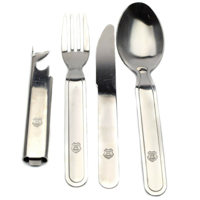 Set di posate militari ungheresi in acciaio inossidabile da 4 pezzi con forchetta, coltello, cucchiaio e apriscatole, con insegne militari.