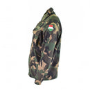 Side view of Genuine Hungarian Army m90 four-color camouflage long sleeve military shirt with patch on sleeve