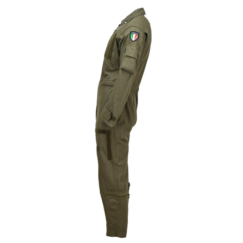 Side view of genuine Italian army olive green aramid flight suit coverall with patch on sleeve and zipped pockets