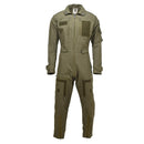 Genuine Italian army olive green flight suit made of durable aramid with zipped pockets and adjustable waist closure.