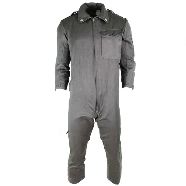 Genuine Italian Army military grey coverall suit with zip-front, chest pocket, and durable cotton blend fabric.