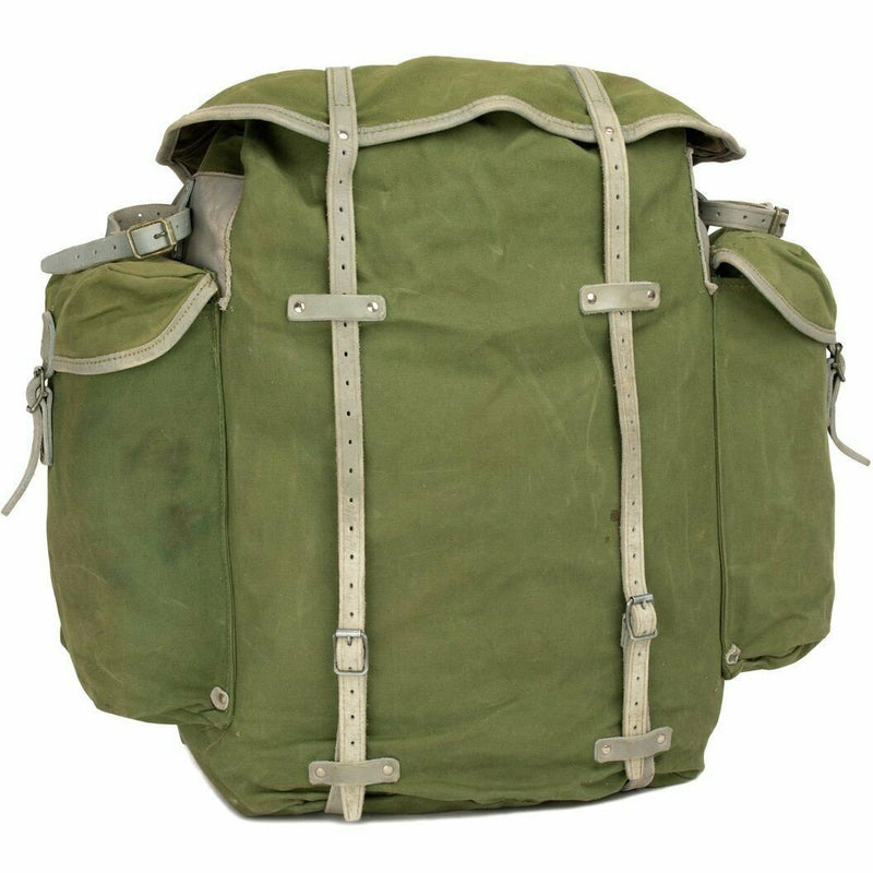 Vintage Norwegian military green canvas backpack with leather straps and metal frame rugged outdoor rucksack pack