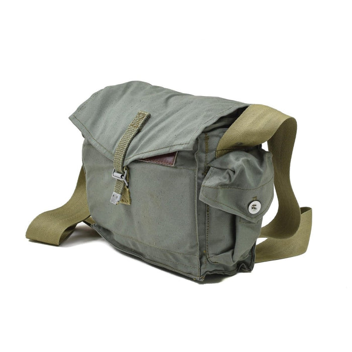 Borsa da trasporto per maschera antigas vintage dell'esercito polacco in tela verde oliva con tracolla, tasca laterale e chiusura con fibbia in metallo