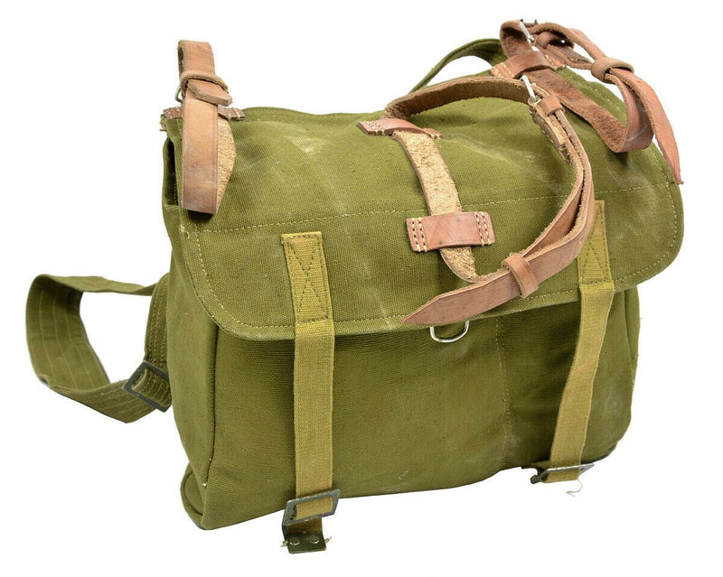Genuine Romanian army olive canvas bread bag with leather straps, durable military surplus haversack for outdoor use.