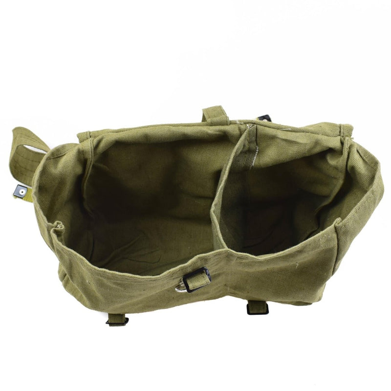 Open genuine Romanian army olive canvas bread bag showing spacious interior with two compartments and buckle details