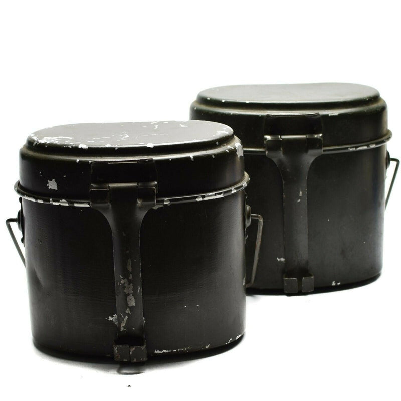 Two genuine Romanian Army aluminum mess kits with foldable handles and vintage worn finish on white background.