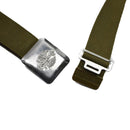 Vintage Spanish army belt with durable olive canvas strap and metal buckle featuring an embossed emblem