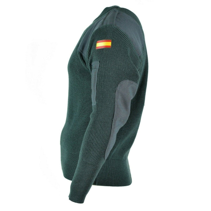 Side view of genuine Spanish Army Commando Jumper with reinforced elbow patches and Spanish flag patch on sleeve