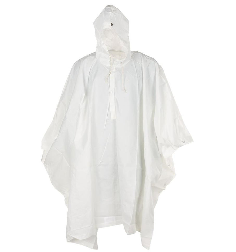 Genuine Swiss Army white winter camouflage poncho with hood, waterproof material, button closures, and adjustable fit.