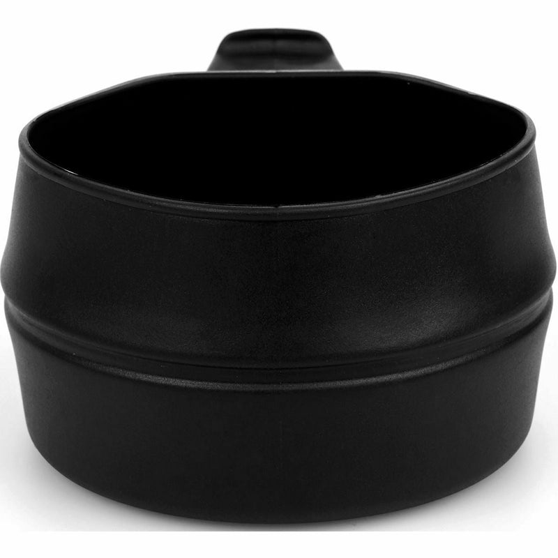 Black collapsible Wildo foldable camping cup in open position, lightweight and compact for outdoor use