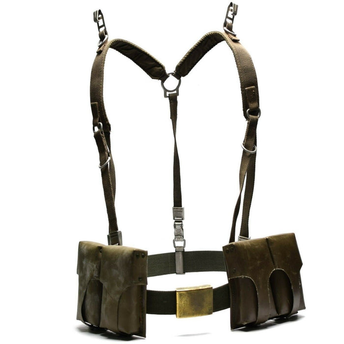 Bretelle con cinturino a Y in stile esercito tedesco con tasche per caricatori, fettuccia resistente, fibbia in ottone e clip di fissaggio in metallo.