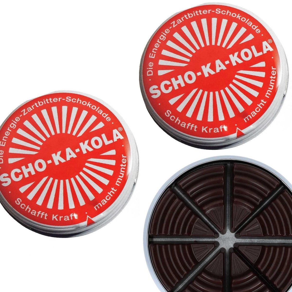 Energia tedesca cioccolato fondente scho-ka-kola caffeina e noce di cola da 100 g lattina