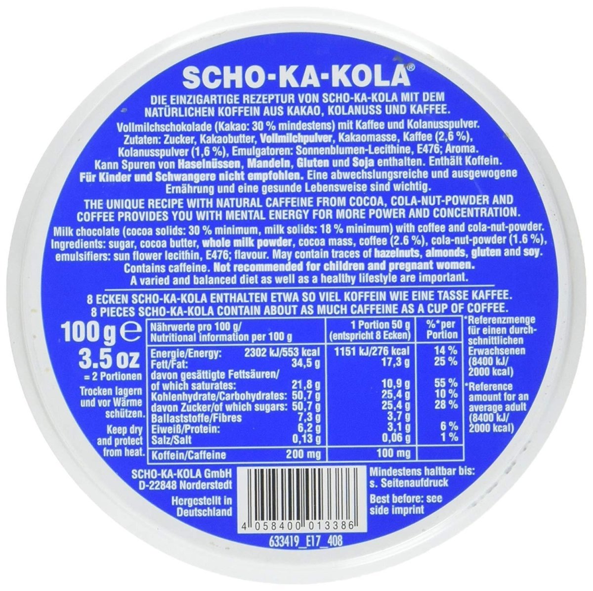 Energia tedesca cioccolato cioccolato scho-ka-kola latte intero 100 g di latta lattina blu