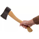 Hand holding HULTAFORS H006SV hand-forged carbon steel axe with durable hickory wood handle on white background