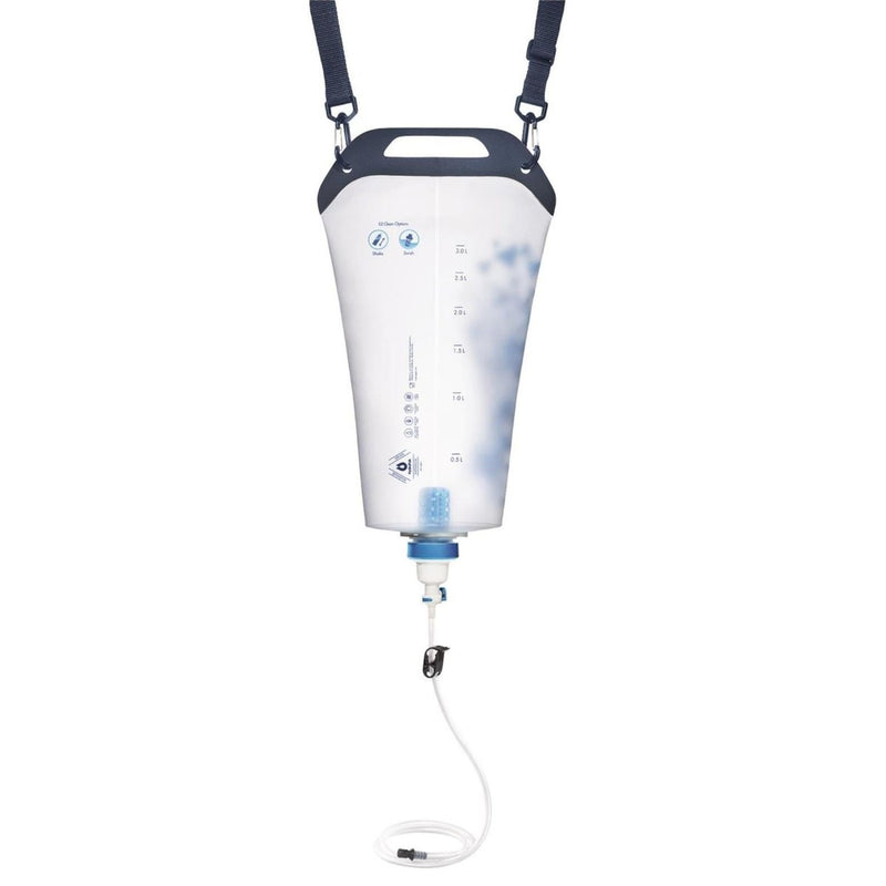 Katadyn BeFree 3L gravity water filter bladder with quick-release hose and integrated carrying handle hanging isolated white background