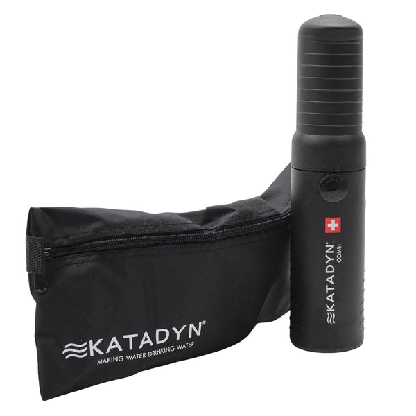 Katadyn Combi Plus portable water filter with black carrying pouch for camping and emergency water purification.
