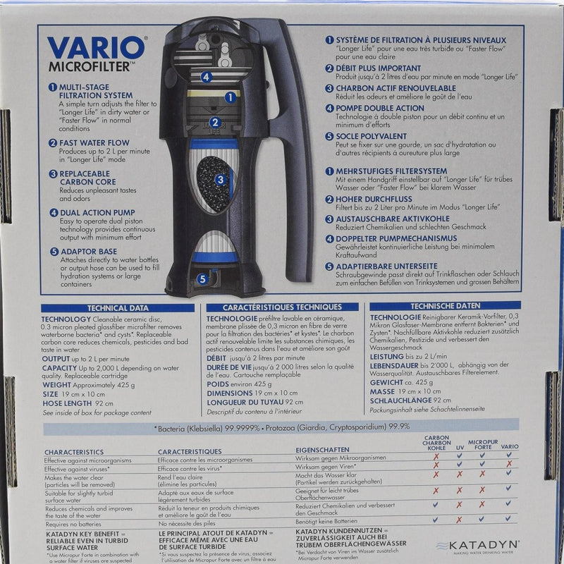 Katadyn Vario Water Filter Filtro di lunga durata per il campeggio Premium di purificazione di emergenza