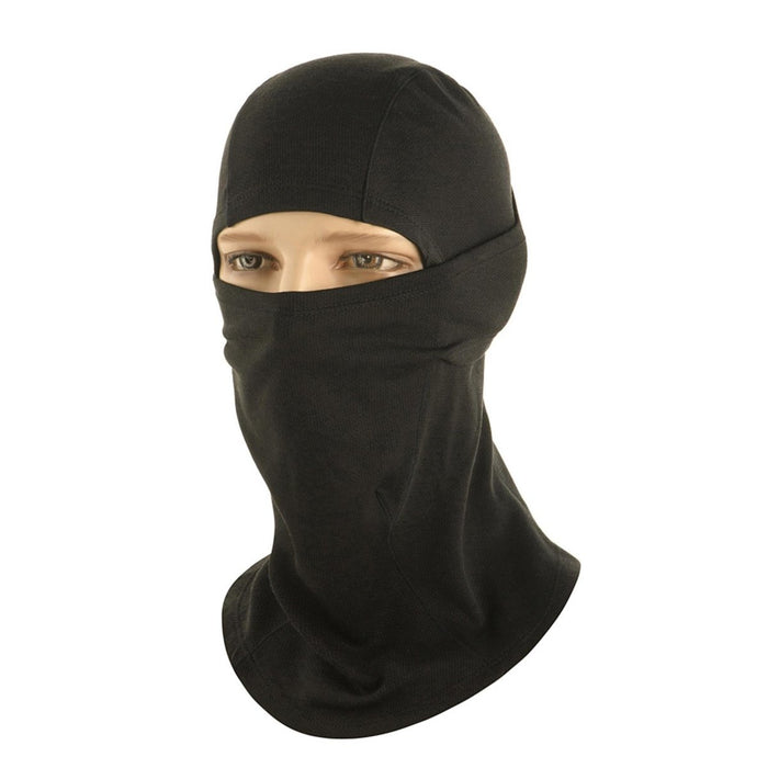 Passamontagna tattico nero M-TAC in stile militare con maschera facciale, leggero e traspirante per l'uso nella stagione fredda.