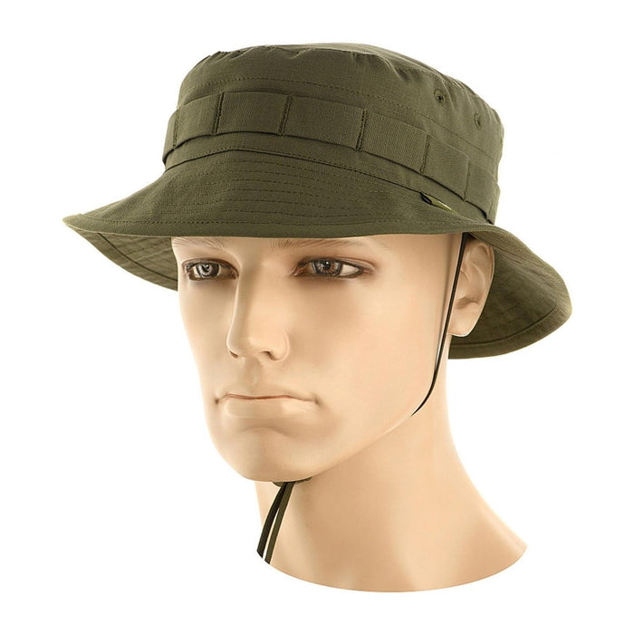 Cappello boonie M-TAC Olive in stile militare con sottogola regolabile e passanti mimetici per uso tattico all'aperto.
