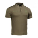 Olive green M-TAC military style tactical polo shirt with breathable, lightweight polyester fabric and hook-and-loop patches.