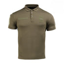 Olive green M-TAC military style tactical polo shirt with short sleeves and hook-and-loop name patches