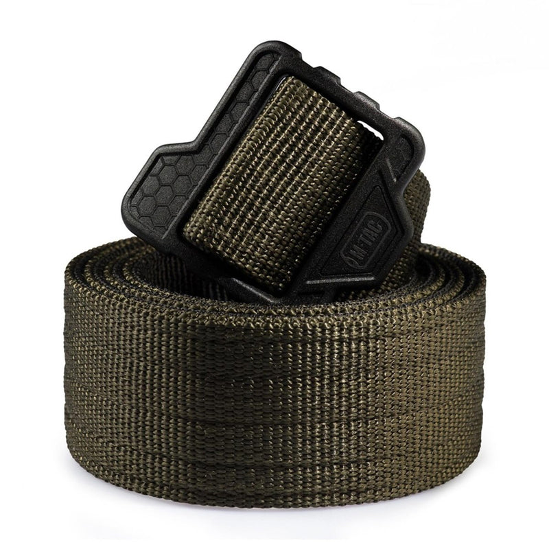 Military style tactical combat belt in olive canvas with durable quick-release black plastic buckle rolled up isolated on white background