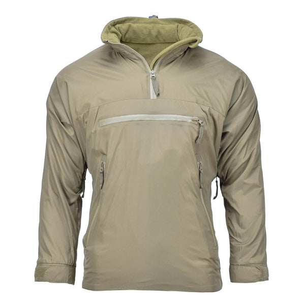 Lightweight thermal anorak jacket in olive green with hood and front zippered pocket for outdoor sports and activities.
