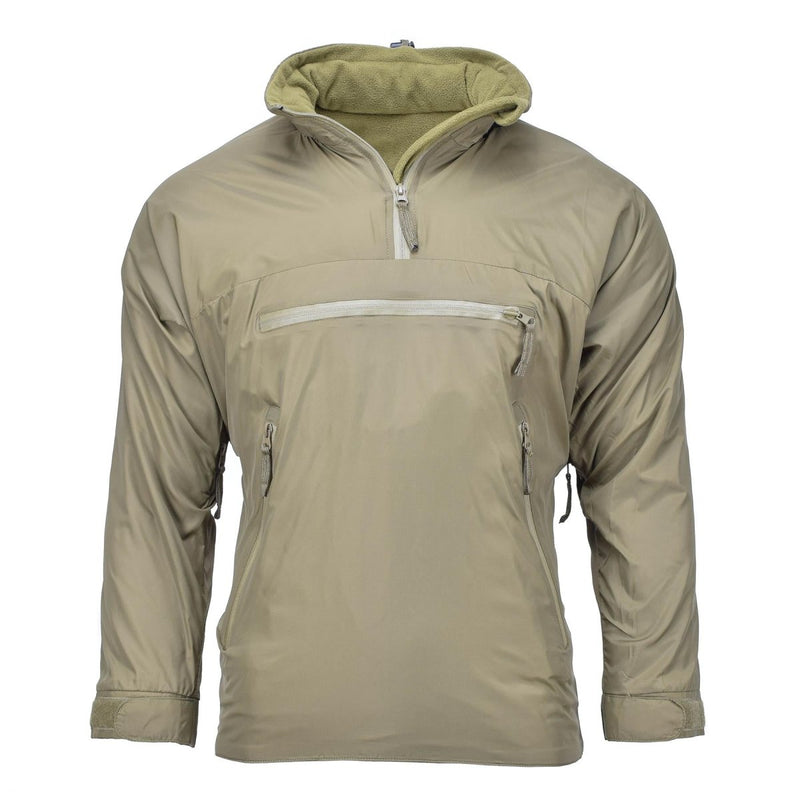 Lightweight thermal anorak jacket in olive green with hood and front zippered pocket for outdoor sports and activities.