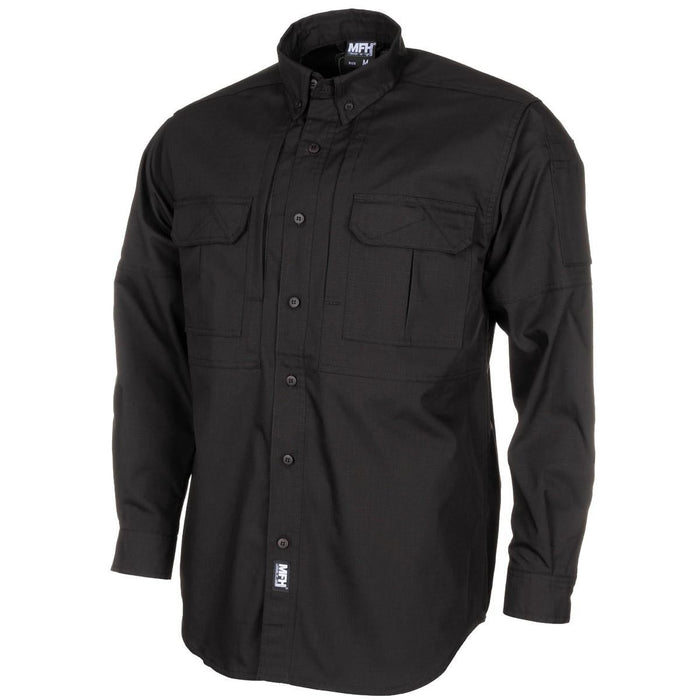 MFH Brand Camicie stile militare a maniche lunghe nere rinforzate in ripstop leggero - GoMilitar