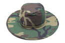 Woodland camo military boonie hat with wide brim and adjustable chin strap for sun protection and outdoor use
