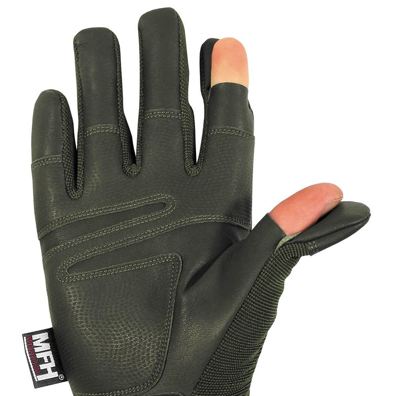 MFH military-style tactical glove in olive with foldable thumb and index fingers for shooting and touchscreen use